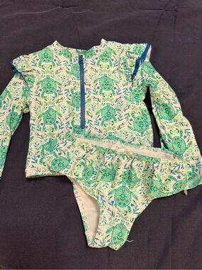 Tommy Bahama Girls Green and Blue Floral Long Sleeve Rash Guard Set